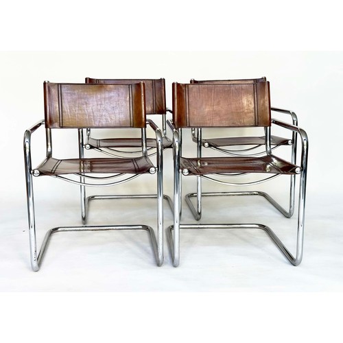 295 - DINING ARMCHAIRS, a set of four, Bauhaus style design, stitched hand finished tan brown leather and ... 