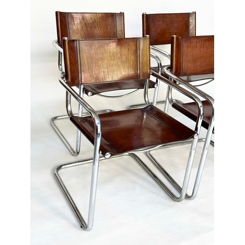295 - DINING ARMCHAIRS, a set of four, Bauhaus style design, stitched hand finished tan brown leather and ... 