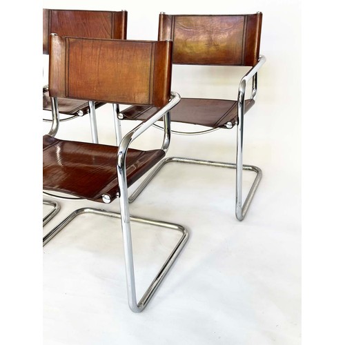 295 - DINING ARMCHAIRS, a set of four, Bauhaus style design, stitched hand finished tan brown leather and ... 