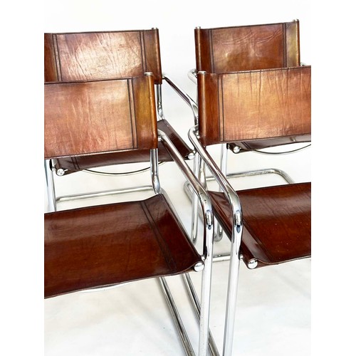 295 - DINING ARMCHAIRS, a set of four, Bauhaus style design, stitched hand finished tan brown leather and ... 