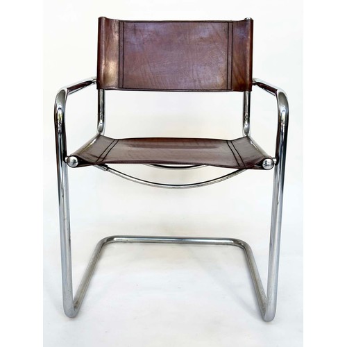295 - DINING ARMCHAIRS, a set of four, Bauhaus style design, stitched hand finished tan brown leather and ... 