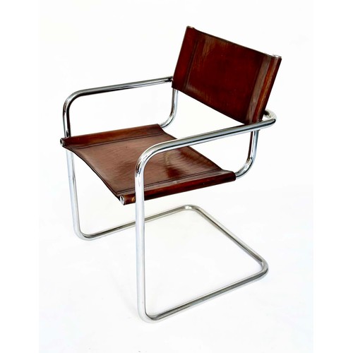 295 - DINING ARMCHAIRS, a set of four, Bauhaus style design, stitched hand finished tan brown leather and ... 