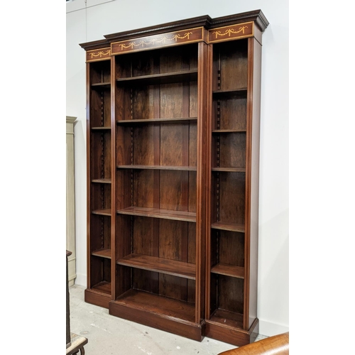 165 - EDWARDIAN SHERATON-STYLE BREAKFRONT LINE INLAID MAHOGANY BOOKCASE, having moulded dentil cornice ove... 