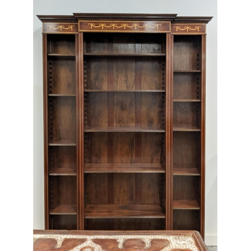 165 - EDWARDIAN SHERATON-STYLE BREAKFRONT LINE INLAID MAHOGANY BOOKCASE, having moulded dentil cornice ove... 