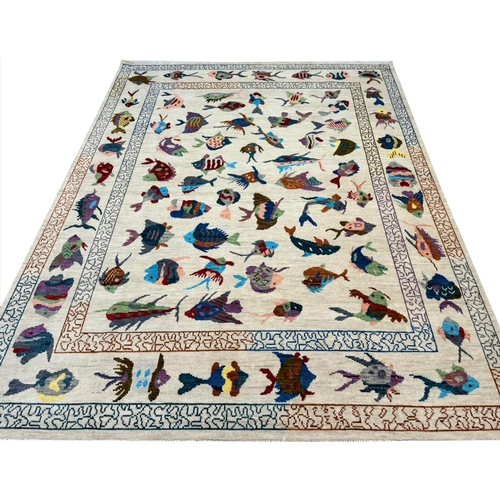 57 - FINE SUZANI FISH DESIGN CARPET, 300cm x 197cm.