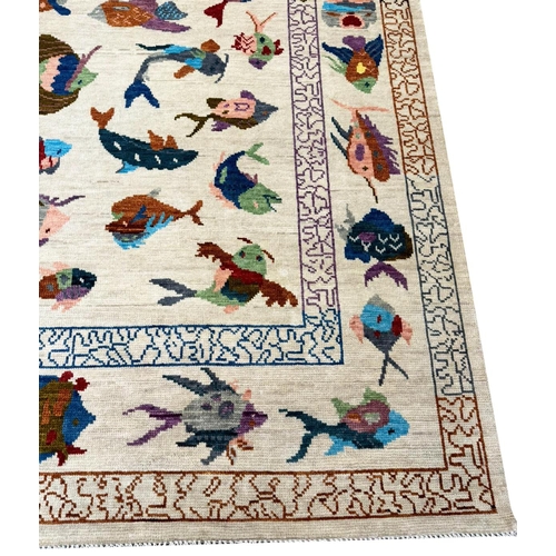 57 - FINE SUZANI FISH DESIGN CARPET, 300cm x 197cm.