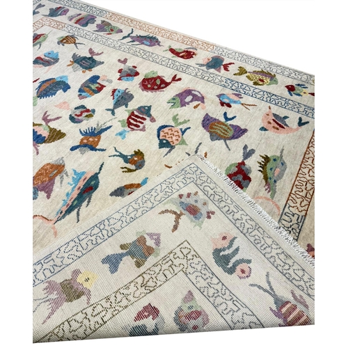 57 - FINE SUZANI FISH DESIGN CARPET, 300cm x 197cm.