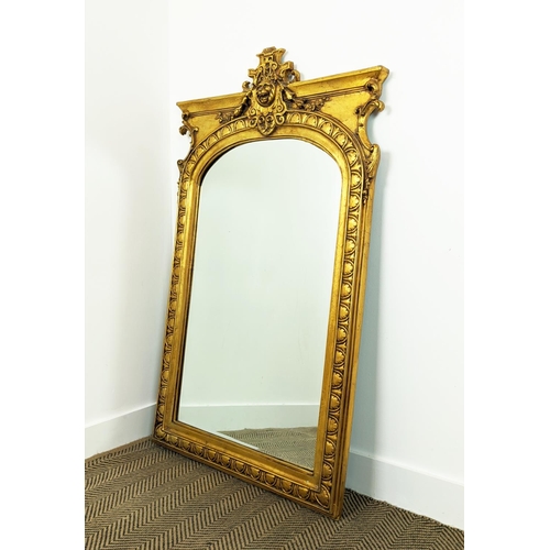 175 - WALL MIRROR, Napoleon III style gilt framed with lion crest and arched bevelled plate, 136cm H x 81c... 