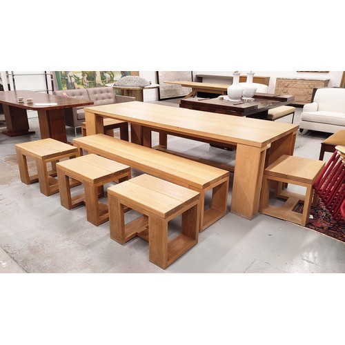 453 - DINING TABLE, of contemporary wooden design 100cm D x 260cm L x 77cm H, with two benches and five st... 