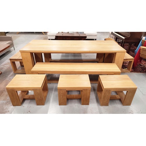 453 - DINING TABLE, of contemporary wooden design 100cm D x 260cm L x 77cm H, with two benches and five st... 