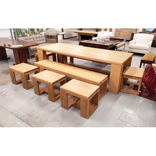 453 - DINING TABLE, of contemporary wooden design 100cm D x 260cm L x 77cm H, with two benches and five st... 