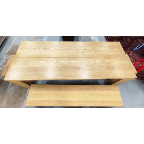 453 - DINING TABLE, of contemporary wooden design 100cm D x 260cm L x 77cm H, with two benches and five st... 