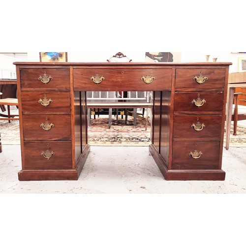 458 - PEDESTAL DESK, 19th century Georgian style mahogany with nine drawers and green leather top, 79cm H ... 