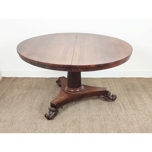 141 - BREAKFAST TABLE, early Victorian rosewood with circular tilt top, 129cm diam x 74cm H.