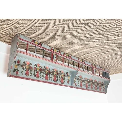 142 - COAT HOOKS, 19th century Tyrolean grey painted pine with floral folk style detail, 191cm W x 41cm H.