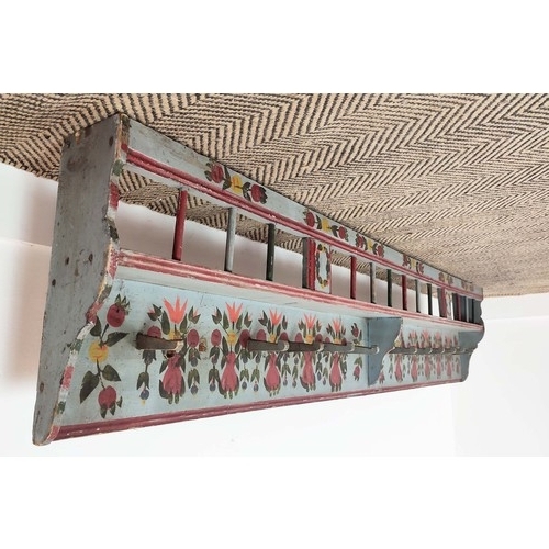 142 - COAT HOOKS, 19th century Tyrolean grey painted pine with floral folk style detail, 191cm W x 41cm H.