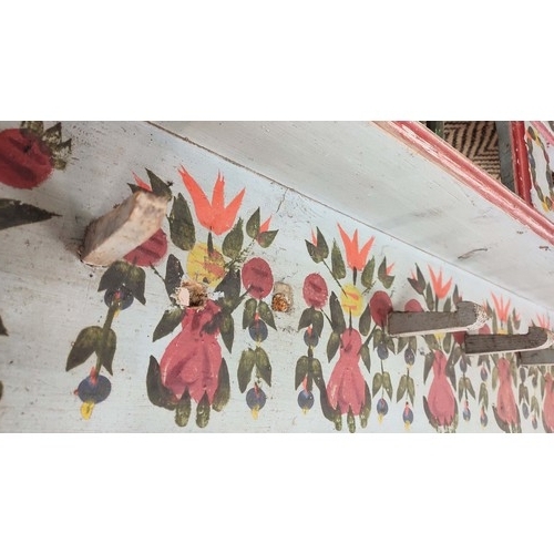 142 - COAT HOOKS, 19th century Tyrolean grey painted pine with floral folk style detail, 191cm W x 41cm H.