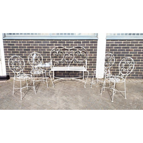 181 - TRADITIONAL GARDEN SUITE, wrought iron comprising a slatted two seater bench and four matching chair... 