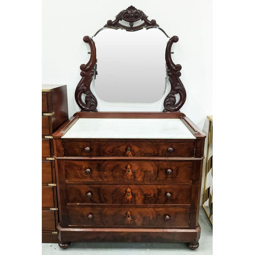 166 - DRESSING CHEST, 19th century French mahogany with a mirror and marble top above four drawers, 93cm W... 