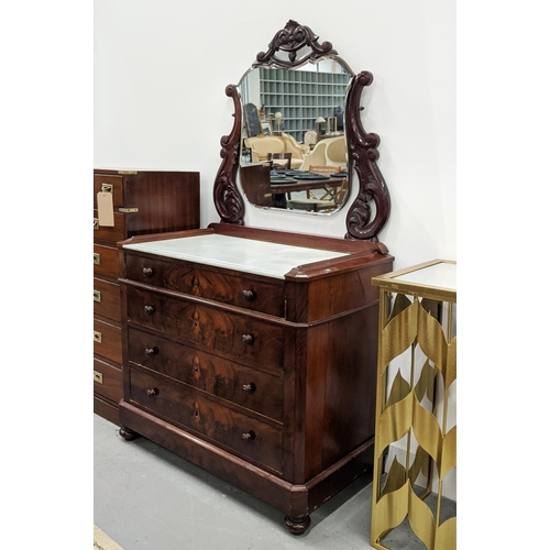 166 - DRESSING CHEST, 19th century French mahogany with a mirror and marble top above four drawers, 93cm W... 