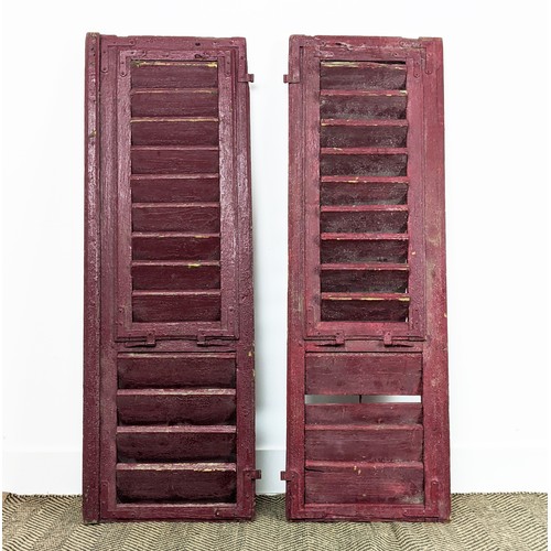 180 - PAIR OF ANTIQUE FRENCH WOODEN WINDOW SHUTTERS, late 19th/early 20th century, rustic red painted fini... 