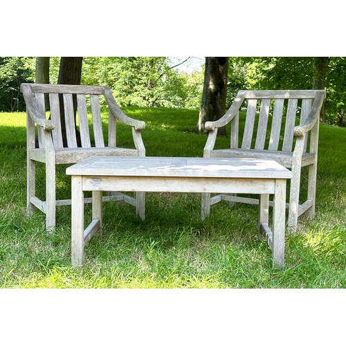 157 - GARDEN ARMCHAIRS, a pair, well weathered teak slatted with downswept scroll arms, 85cm H x 57cm W. (... 