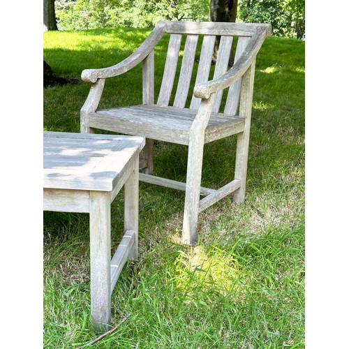 157 - GARDEN ARMCHAIRS, a pair, well weathered teak slatted with downswept scroll arms, 85cm H x 57cm W. (... 