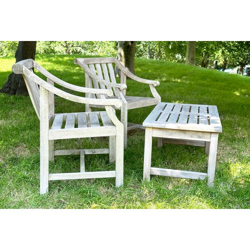 157 - GARDEN ARMCHAIRS, a pair, well weathered teak slatted with downswept scroll arms, 85cm H x 57cm W. (... 