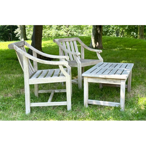 157 - GARDEN ARMCHAIRS, a pair, well weathered teak slatted with downswept scroll arms, 85cm H x 57cm W. (... 