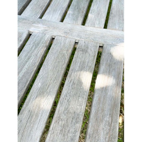 157 - GARDEN ARMCHAIRS, a pair, well weathered teak slatted with downswept scroll arms, 85cm H x 57cm W. (... 