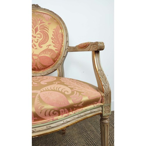 138 - FAUTEUILS, a pair, louis XVI style painted, in silk damask upholstery, with fluted supports, each 61... 