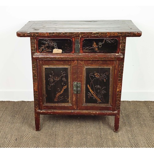 139 - SIDE CABINET, Chinese lacquer, with carved and gilded decorative detail depicting birds in branches,... 