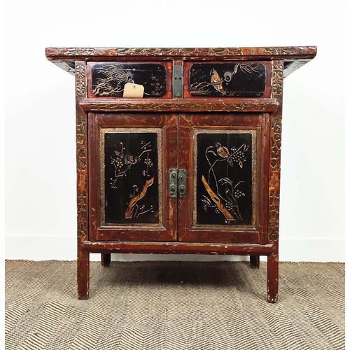 139 - SIDE CABINET, Chinese lacquer, with carved and gilded decorative detail depicting birds in branches,... 