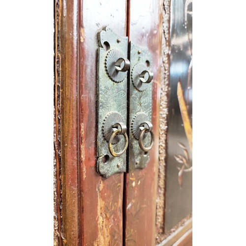 139 - SIDE CABINET, Chinese lacquer, with carved and gilded decorative detail depicting birds in branches,... 