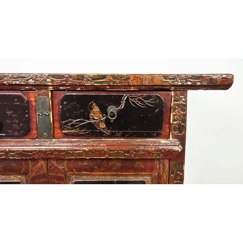 139 - SIDE CABINET, Chinese lacquer, with carved and gilded decorative detail depicting birds in branches,... 