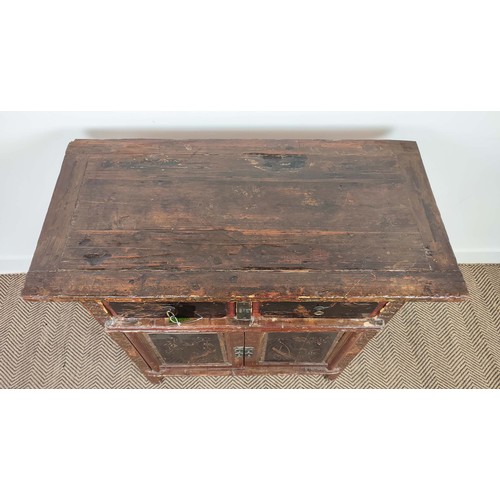 139 - SIDE CABINET, Chinese lacquer, with carved and gilded decorative detail depicting birds in branches,... 