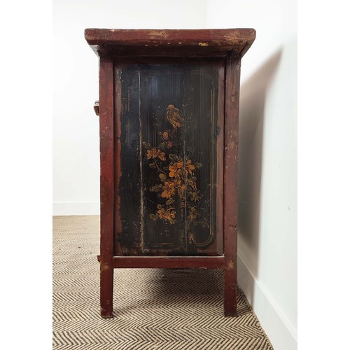 139 - SIDE CABINET, Chinese lacquer, with carved and gilded decorative detail depicting birds in branches,... 