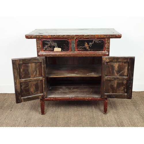 139 - SIDE CABINET, Chinese lacquer, with carved and gilded decorative detail depicting birds in branches,... 