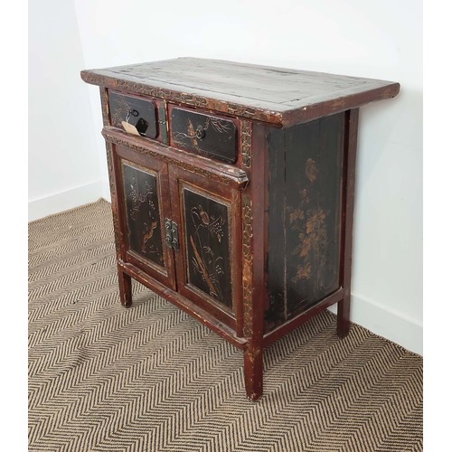 139 - SIDE CABINET, Chinese lacquer, with carved and gilded decorative detail depicting birds in branches,... 