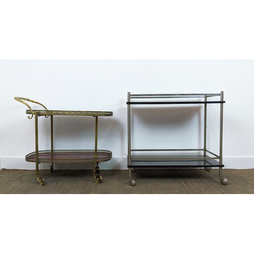 129 - TROLLEY, brass framed, 80cm L x 69cm H, and one other, dark lacquer and chrome, which bears label Tu... 