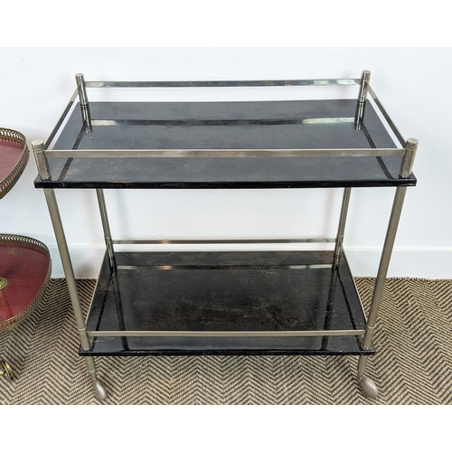 129 - TROLLEY, brass framed, 80cm L x 69cm H, and one other, dark lacquer and chrome, which bears label Tu... 