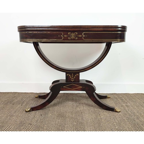 130 - REGENCY CARD TABLE, rosewood and brass inlaid with green baize top, 92cm W x 46cm D x 74cm H.