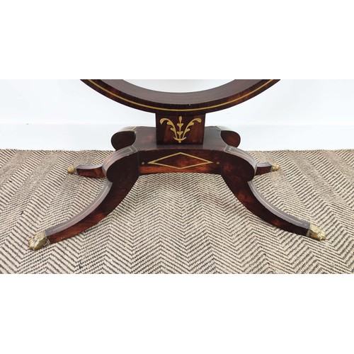 130 - REGENCY CARD TABLE, rosewood and brass inlaid with green baize top, 92cm W x 46cm D x 74cm H.