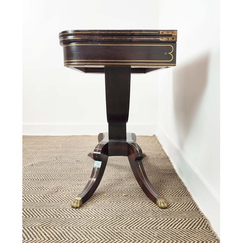 130 - REGENCY CARD TABLE, rosewood and brass inlaid with green baize top, 92cm W x 46cm D x 74cm H.