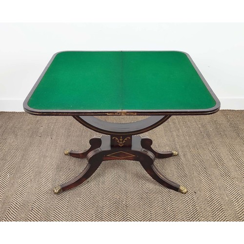 130 - REGENCY CARD TABLE, rosewood and brass inlaid with green baize top, 92cm W x 46cm D x 74cm H.