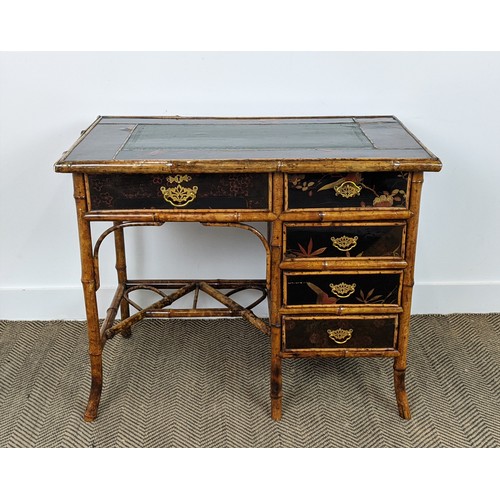 137 - BAMBOO DESK, late Victorian black japanned with five drawers, 89cm W x 73cm tall x 50cm D.