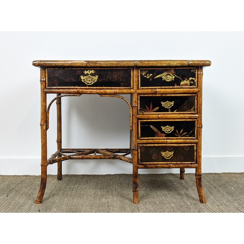 137 - BAMBOO DESK, late Victorian black japanned with five drawers, 89cm W x 73cm tall x 50cm D.