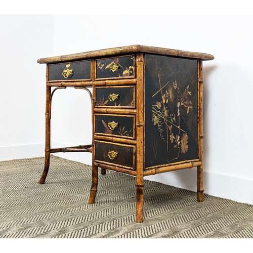 137 - BAMBOO DESK, late Victorian black japanned with five drawers, 89cm W x 73cm tall x 50cm D.