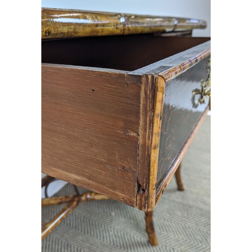 137 - BAMBOO DESK, late Victorian black japanned with five drawers, 89cm W x 73cm tall x 50cm D.