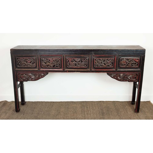 140 - ALTAR TABLE, Chinese lacquer with carved grill panels and two end drawers, 33cm D x104cm H x 194cm W... 